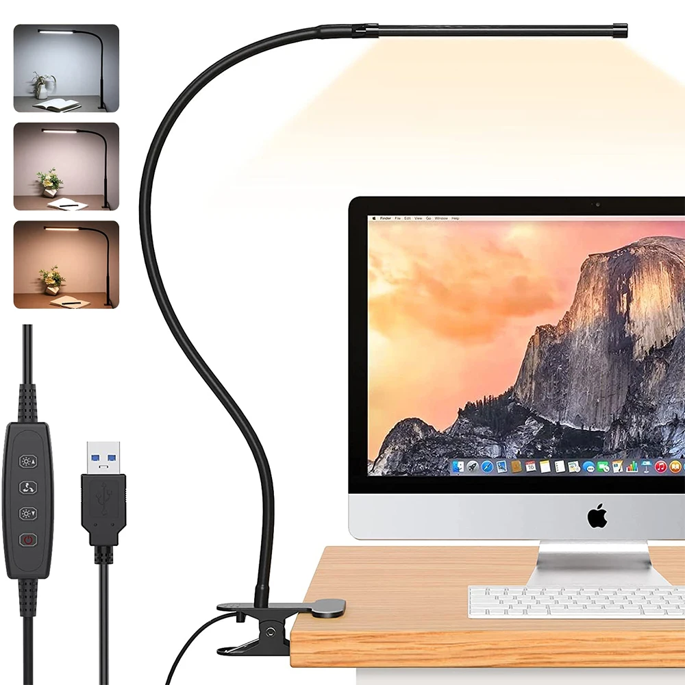 Lampe De Bureau à Pince - Col De Cygne Flexible - LED 7W - Batterie 2600mAh - Luminosité Réglable - Noir