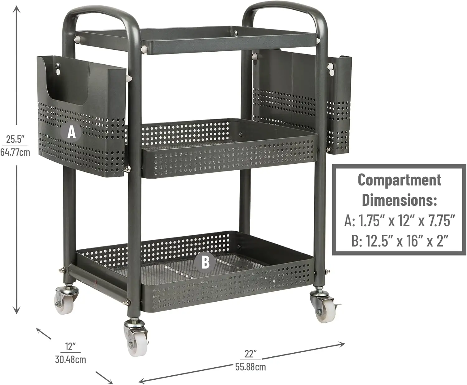 Metal Rolling Utility Cart Organizer with Wheels, Storage Shelf for Office Classroom Home, 22"x12"x25.5", Silver