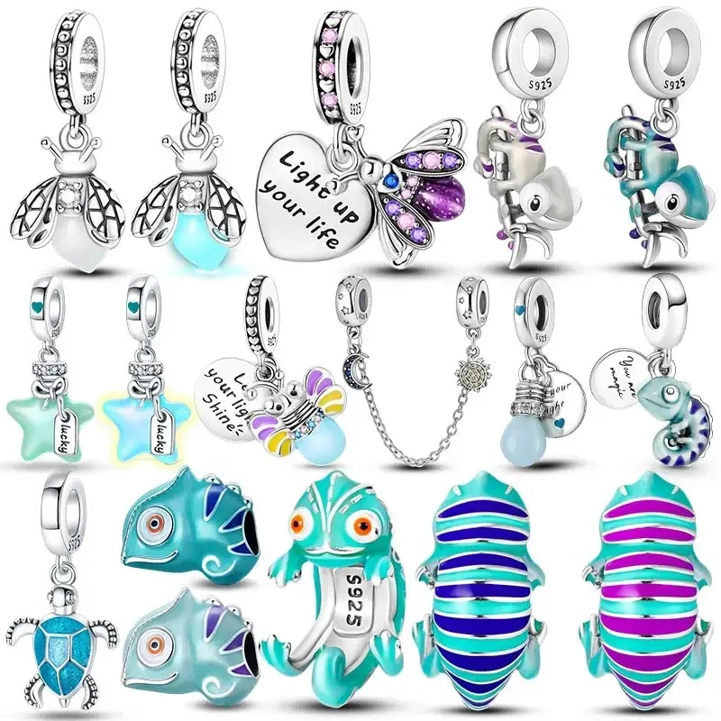 Silver Charm Pendant 925 Silver Chameleon Glowworm Light Bulb Firefly Star Moon Fit Original Pandora Charms Bracelet DIY Jewelry