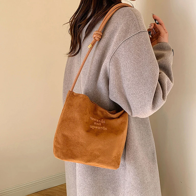 Suede Handbag Casual Rope Buckle Design Multicolor Shoulder Bag Adjustable Straps Tote Work Crossbody Bucket Bag