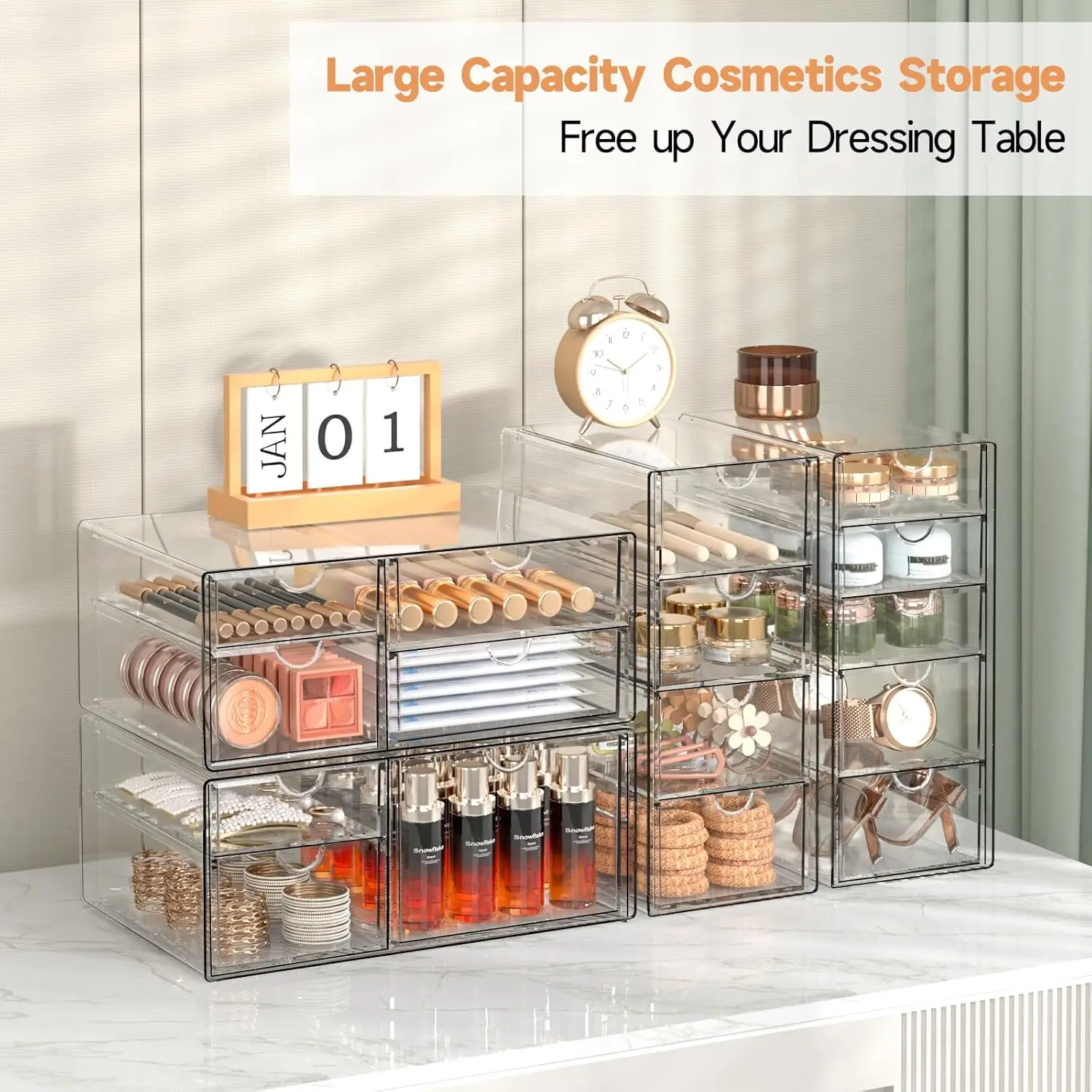 Makeup Drawer Storage Organizer with 16 Drawers, 4 Set Acrylic Office Desk Organization and Storage, Dustproof Drawer Organizer 3