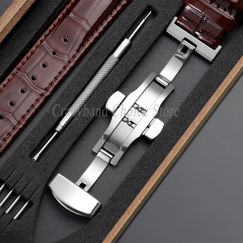 Elegant Leather Watch Strap with Metal Butterfly Clasp and Wooden Box (14mm-22mm)