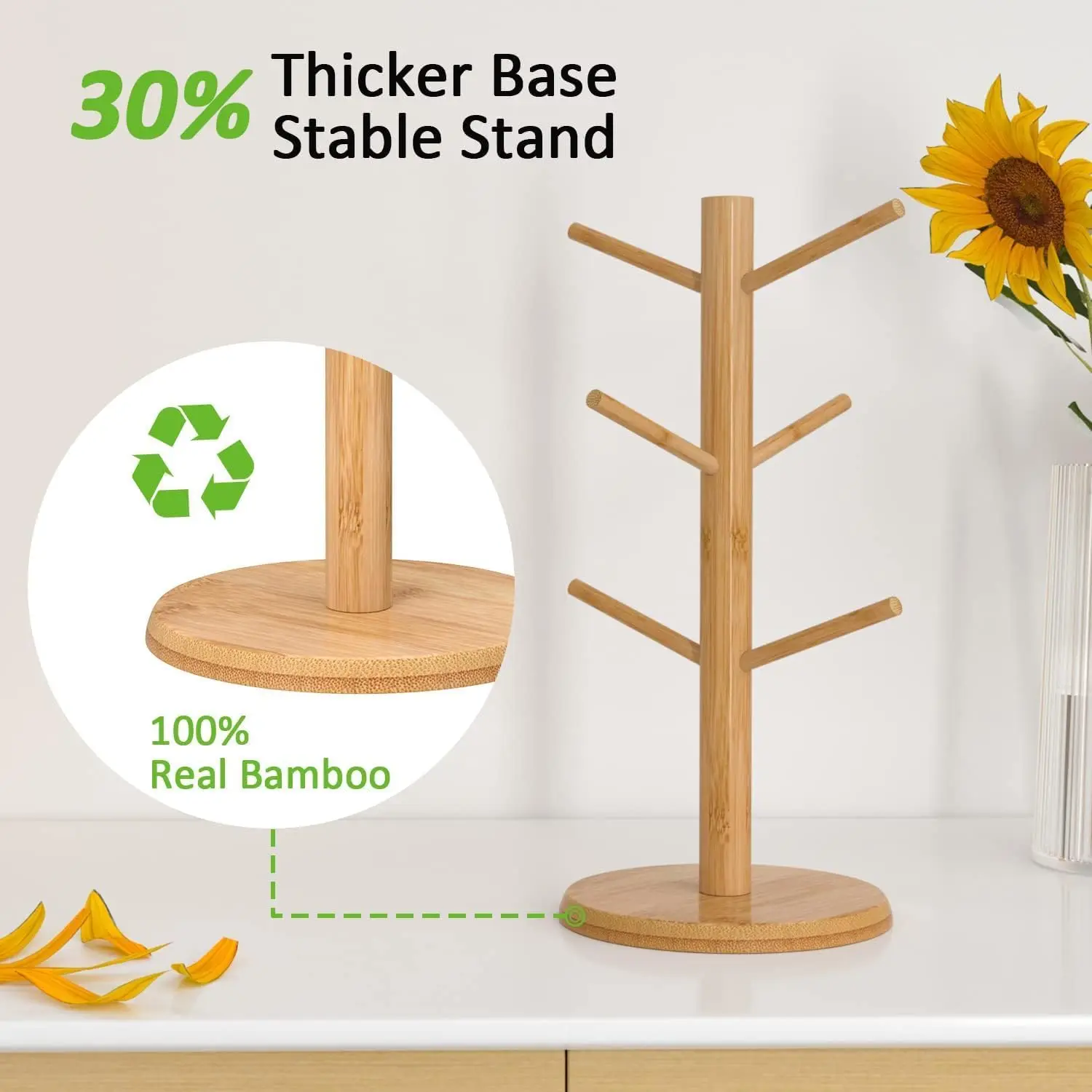 Bamboo Mug Holder 6 Hooks Coffee Cup Holders Tree Sturdy Mug Tree Rack Stand Ideal for Counter Organizer Space Saver 4