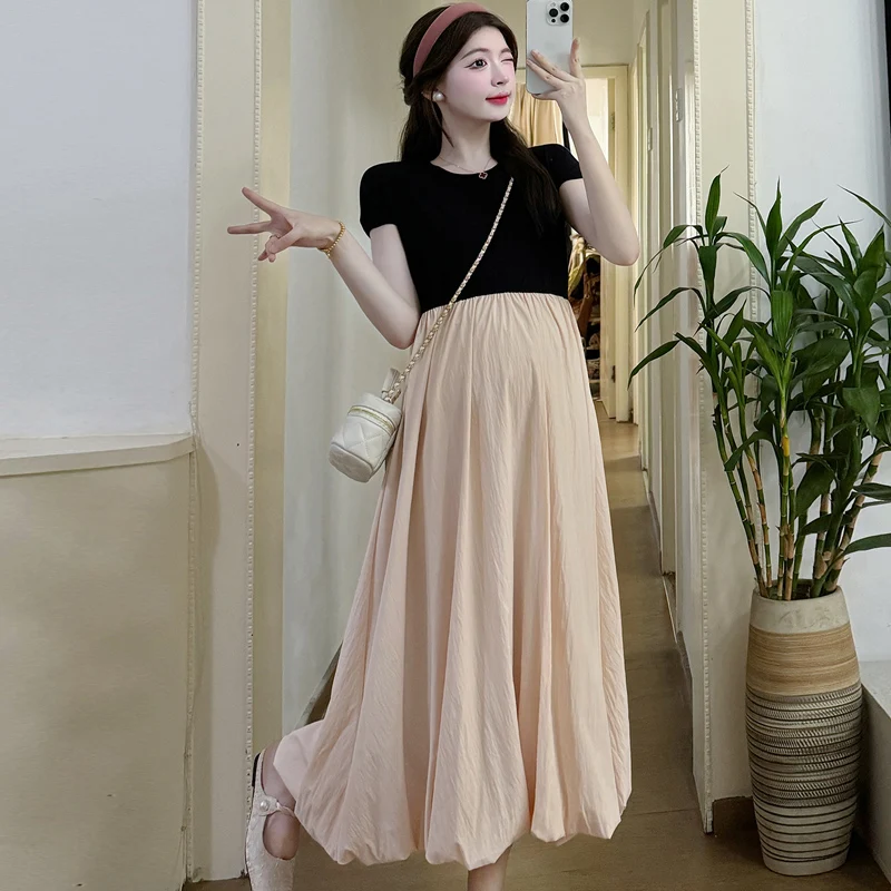 

Summer Plus Size Pregnant Women's Long Dress Black Patchwork Pink Maternity Bud Dress Sweet Pregnancy Block Color Dresses Loose