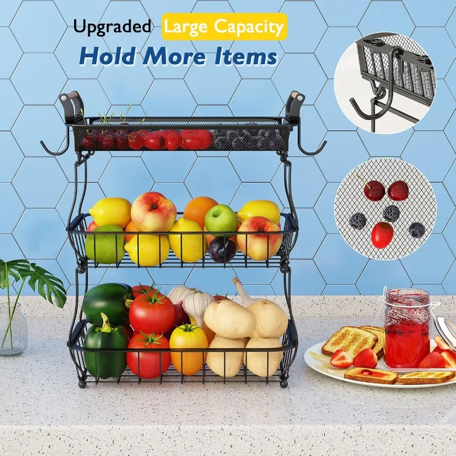 ANTOPY 3 Tier Fruit Basket with 2 Banana Hangers Countertop Fruit Vegetable Basket Bowl for Kitchen Counter Metal Mesh Basket F