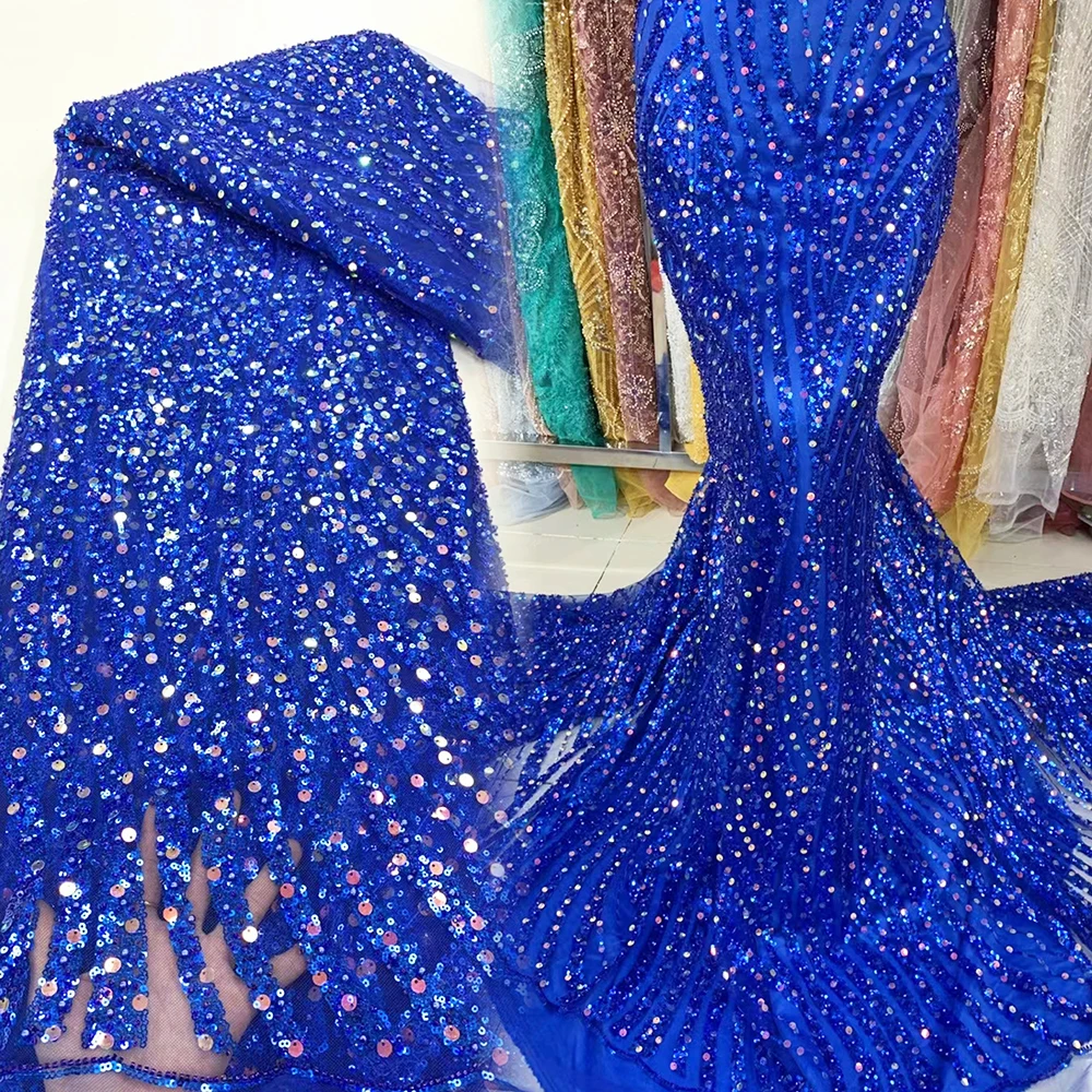 

Sinya Royal Blue African French Tulle Sequins Lace Fabric High Quality 10 Colors Embroidery Luxury Beaded Bridal Wedding Laces