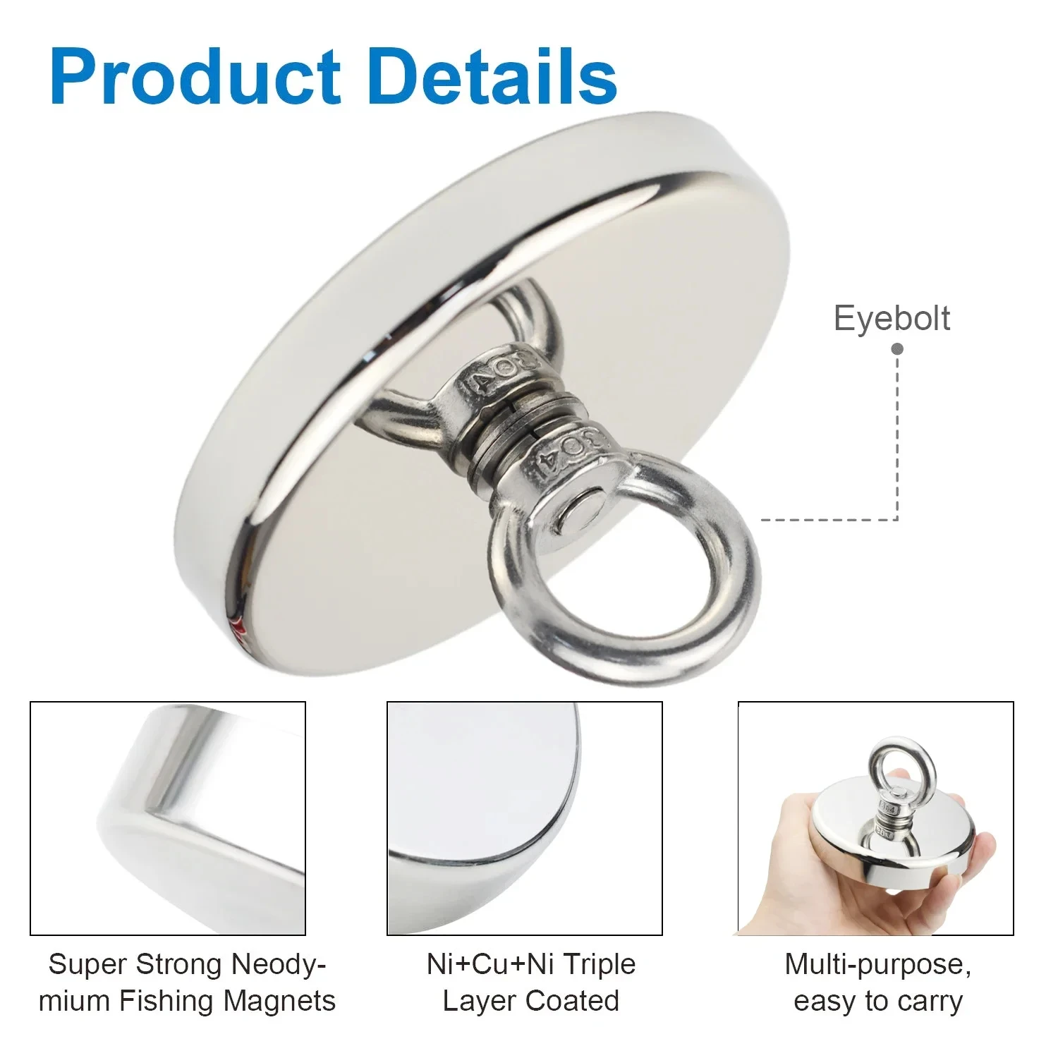 Fishing Magnets Super Strong Neodymium N52 Heavy Duty Rare Earth with Countersunk Hole Eyebolt