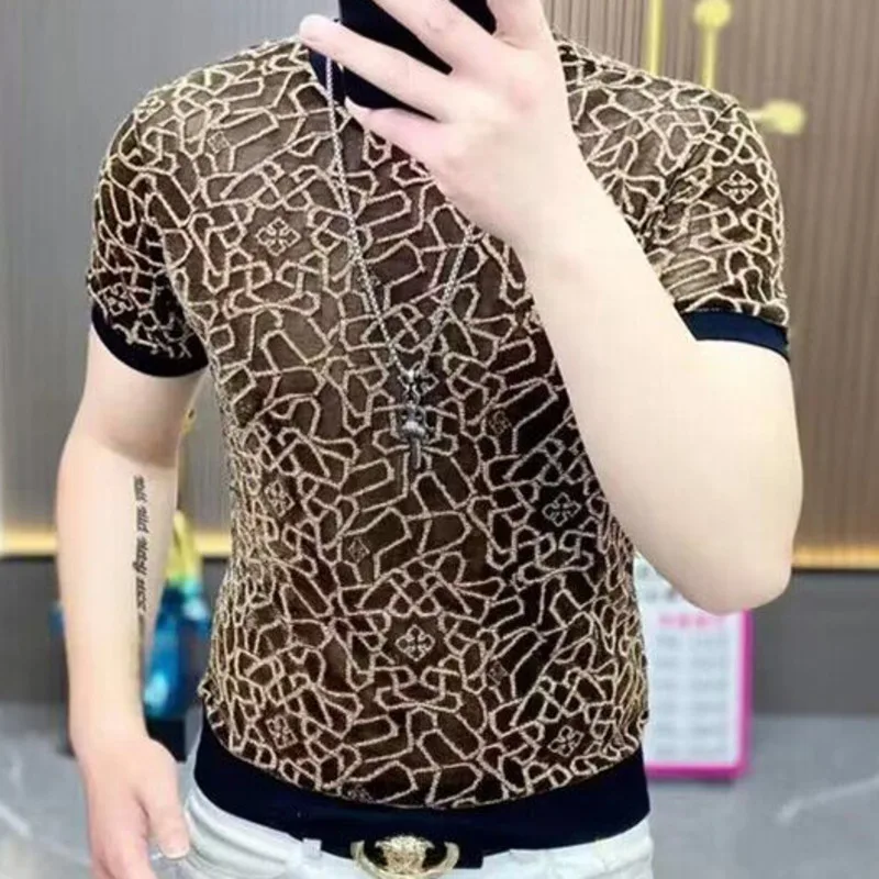 

2023 Summer Ice Silk Round Neck Hollow Out T-shirt Contrast Color Stitching Short Sleeve Tee Shirts Camiseta Manga Corta Hombre