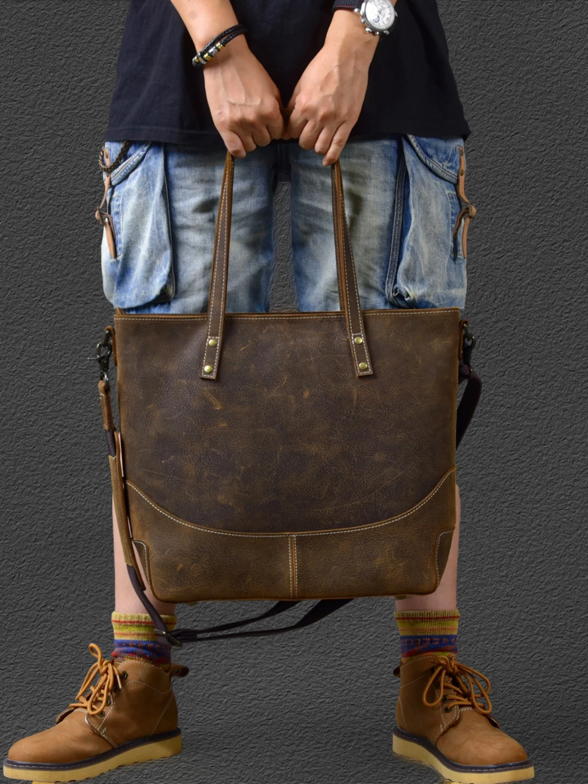 

High Quality Unisex Retro Crazy Horse Leather Shoulder Tote Bag Cowhide Shopping Handbag