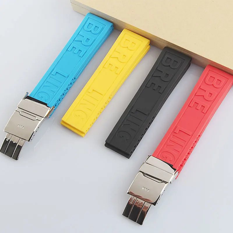 

New 22 24mm Rubber Black Red Blue Yellow Watchband For Breitling Waterproof Sport Tape Watch Strap Deployment Clasp Logo On