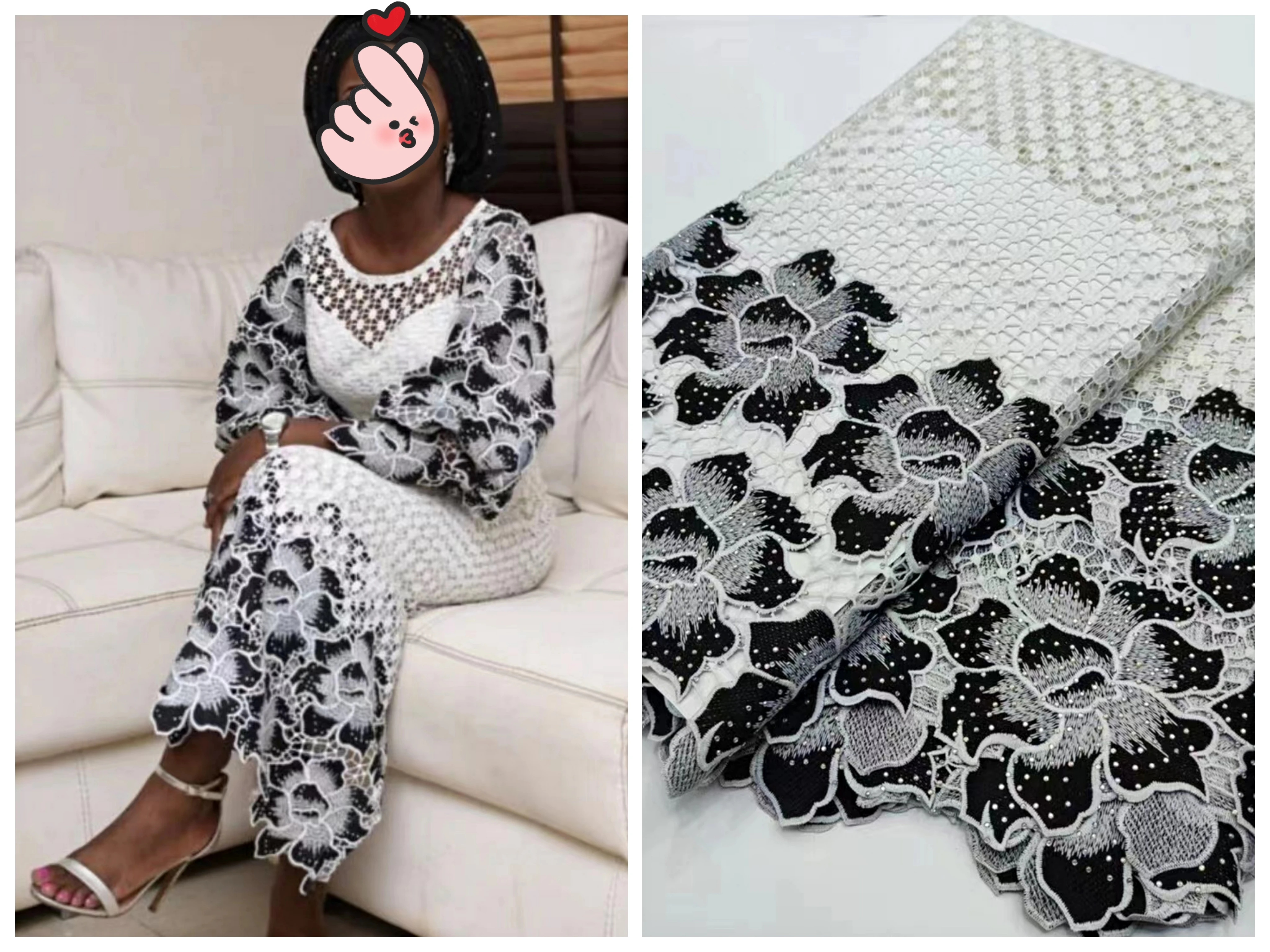 

Black-white Color African Guipure Lace Fabric High Quality Nigerian Cord Laces Fabrics Embroidery with Stones For Wedding Sewing