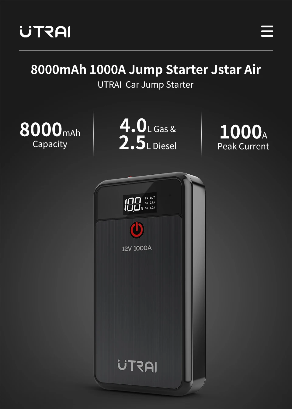 car jumper UTRAI Car Jump Starter 1000A Battery Charger 8000mAh Emergency Power Bank Booster with LED Lighting Starting Device for 12V Cars car jumper