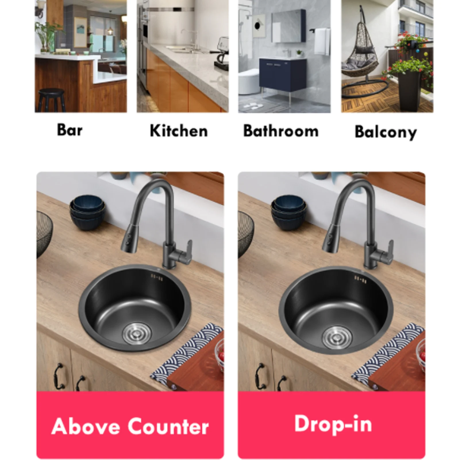 Mini Round Kitchen Sink Bar Stainless Steel Basin Single Bowl with Drain Accessories for Home