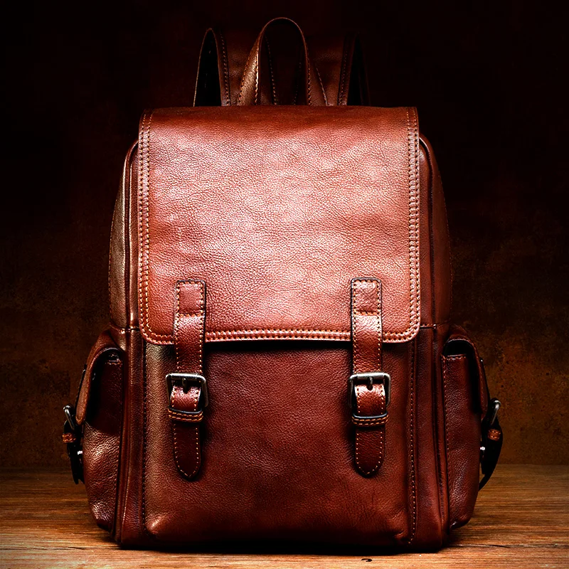 Men luxury designer Backpack Soft handmake Distressed Cognac Leather Rucksack Knapsack With Pockets Gifts for School Travel bag
