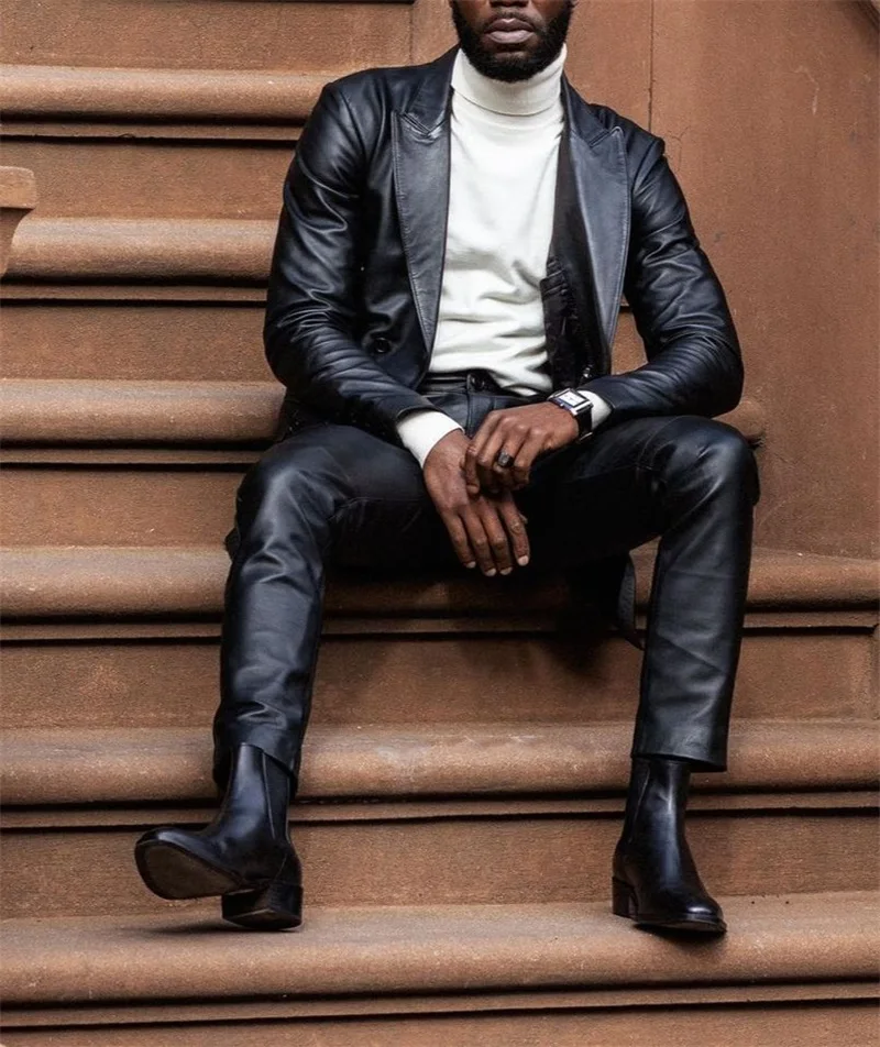 PU Leather Men Suits Set 2 Pcs Blazer Pants Wedding Tuxedo Prom Dress Formal Double Breasted Party Jacket