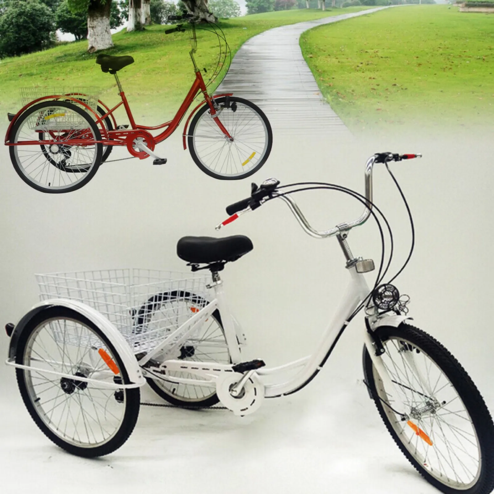 24 Pouces Triciclo Adulte 3 Roues Triciclo 6 Vitesses Avec Panier Cruise Trike Vev Triciclo Avec Panier + Lumiere Cruise Blanc
