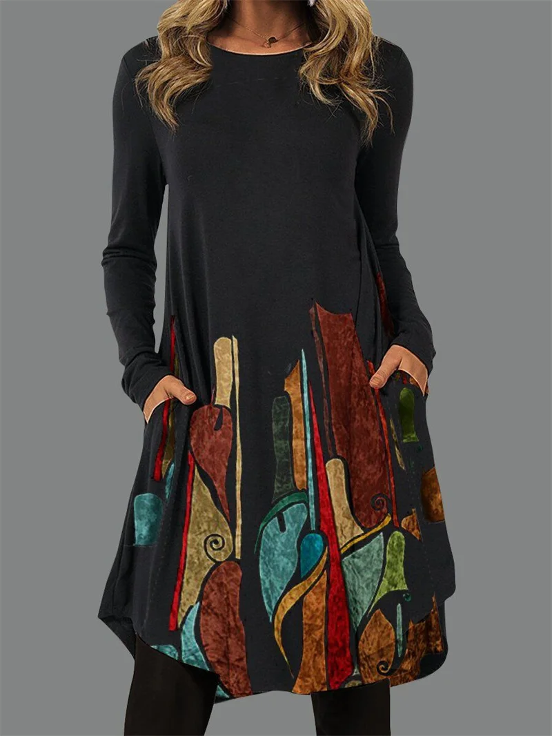 

2022 Autumn Vintage Printed Sundress Women Elegant O Neck Long Sleeves Dress Femme Casual Loose Waist Midi Dresses Fashion Skirt