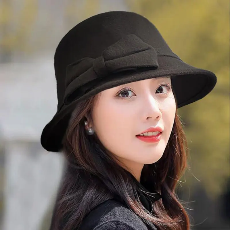 Elegant Vintage Bowknot Wool Ladies Hat Autumn Winter Fedoras Women Panama Hat Dome Felt Wedding Church Jazz Cap Female Bowler