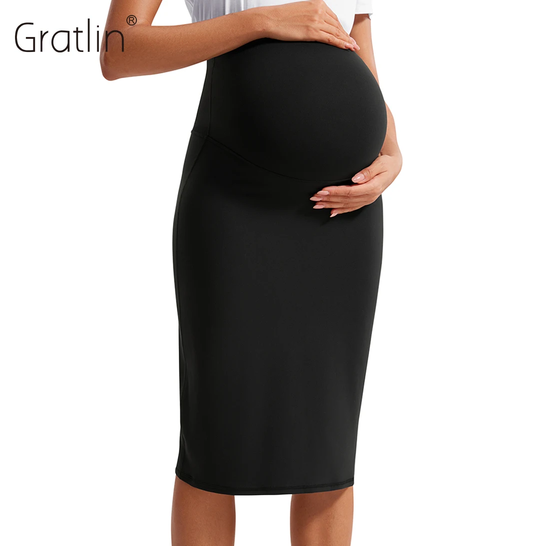 Women' s Butterluxe Maternity Skirt High Waist Midi Pencil Skirt with Stretchy Pregnancy Casual Slit Golf Work Over the Belly