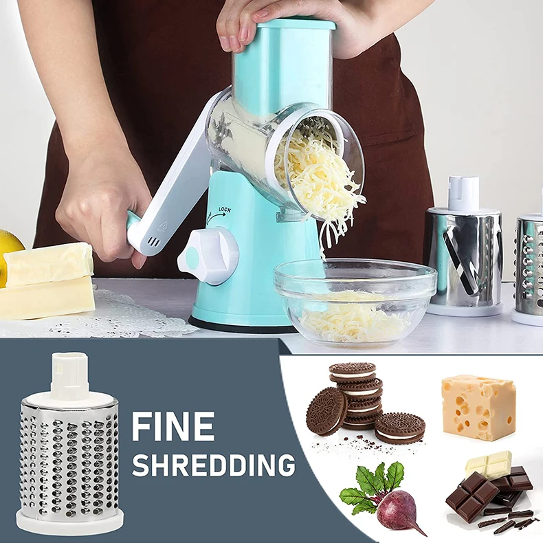 Ktinnead Cheese Grater Rotary, 3 in 1 Cheese Grater with Handle, Food  Shredder with Strong Suction Base, Stainless Steel Cheese Slicer Rotary  Grater for Kitchen Cheese, Vegetables, Nuts(Green) 