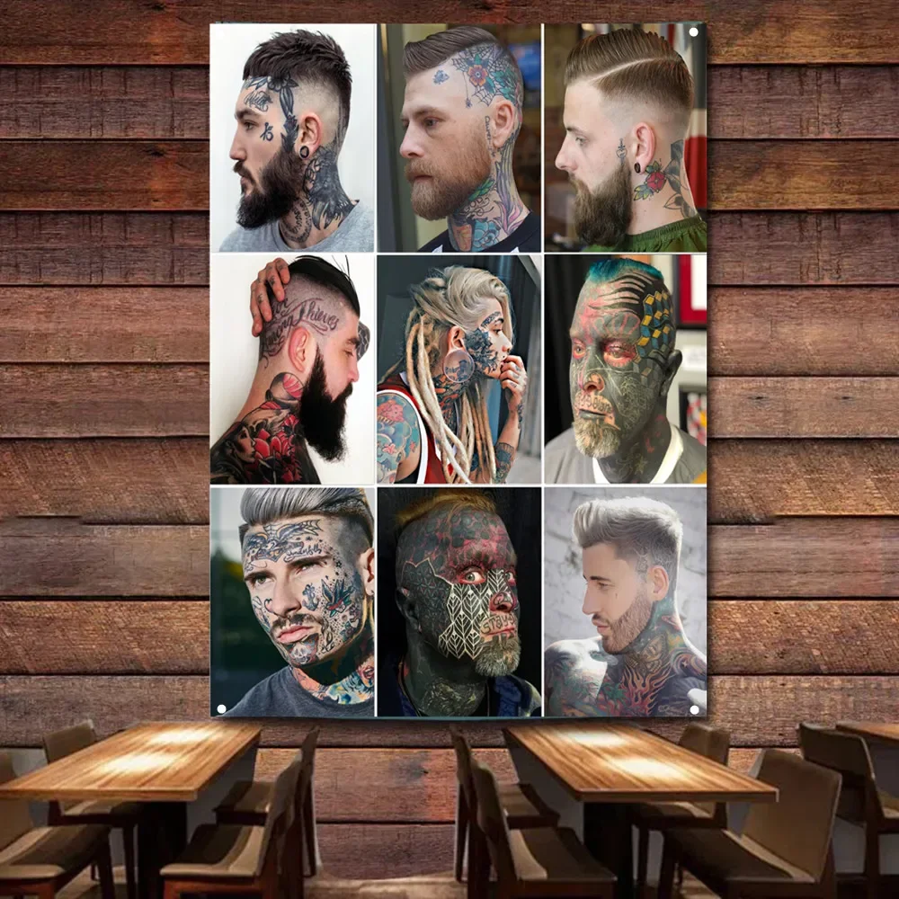 

Men's Tattoo Hairstyles Poster Flag with 4 Grommets Custom Hair Salon Hairstyle Design Banner Vintage Barber Shop Signboard