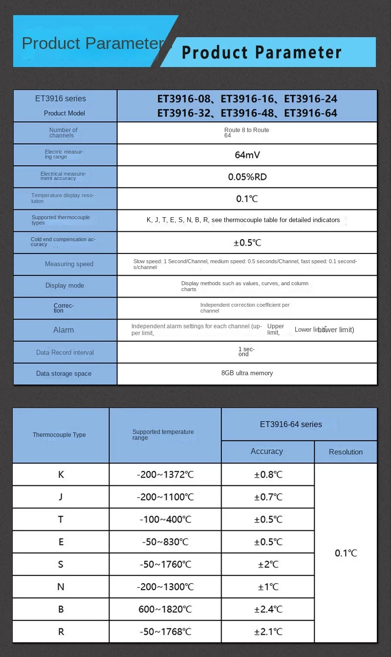 ET3916-08 Digital Temperature Recorder 8 Channels -200℃~1372℃ Industrial Tempera