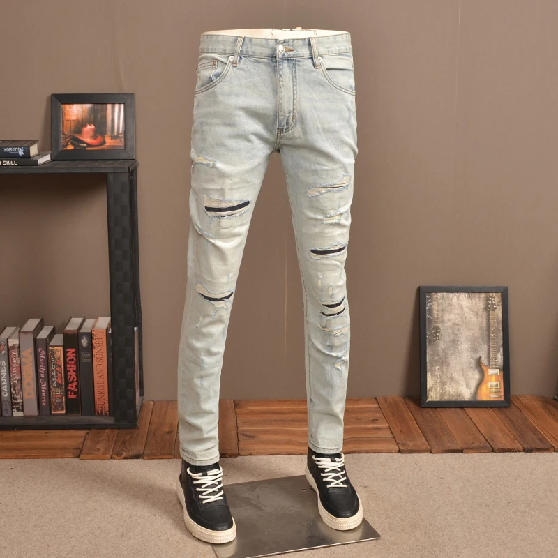 Summer Light Blue Ripped Patch Jeans Men Streetwear Casual Lightweight Vintage Slim Fit Denim Pants