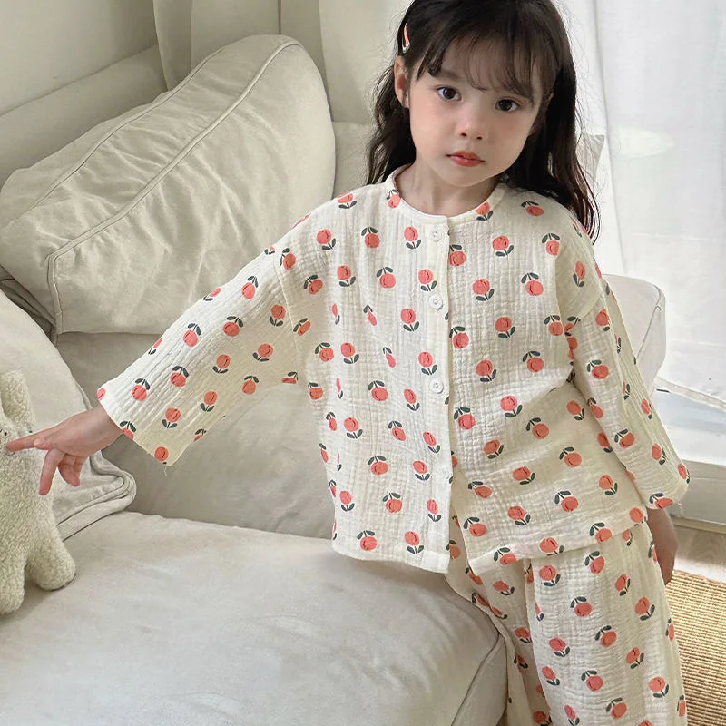 

Baby Boys Girls Suit Clothes Kids Muslin Cotton Home Wear Outfit Set Three-Quarter Sleeves Tops+Pants Soft Pajamas 2PC 0-7T