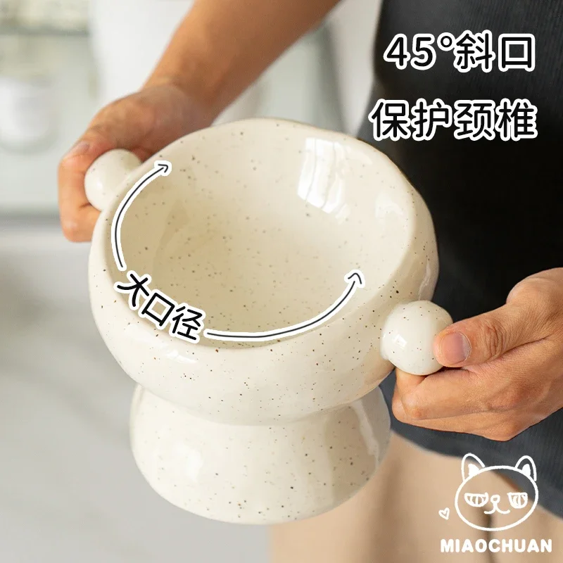 Handmade cat bowl Ceramic cat food basin High foot oblique mouth Protection cervical spine Anti-knock large diameter