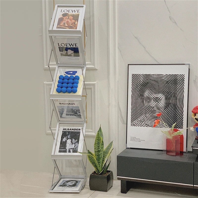 A4 Aluminum Foldable Display Stand Vintage Magazine Rack Floor Standing Literature Exhibition Organizer Office Furniture FYMR