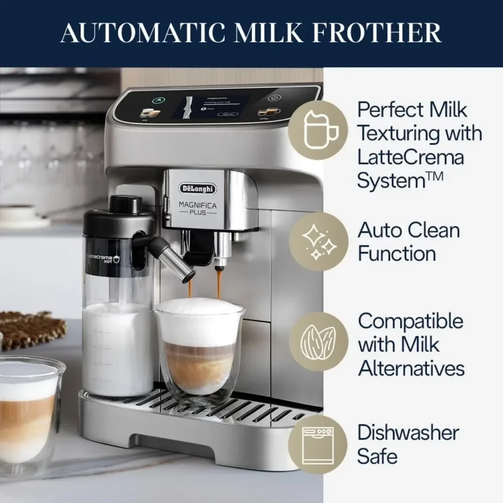 Magnifica Plus Fully Automatic Espresso Machine with Automatic Milk Frother for 18+ One Touch Recipes, Built-in Grinder 3