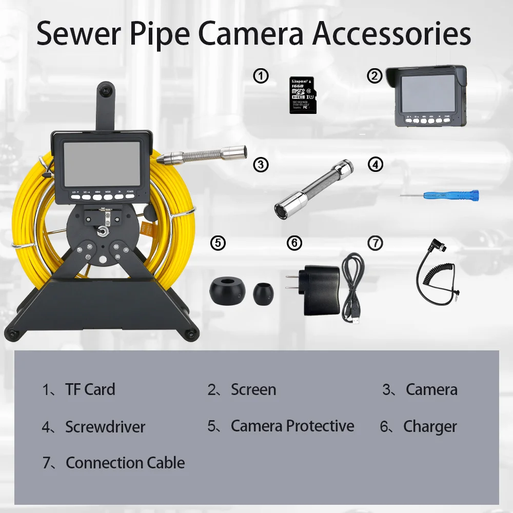 4.3 Monitor Sewer Pipe Inspection Camera, 17MM/22MM Drain Sewer Pipeline Industrial Endoscope with 4500mA Battery 16G DVR Card 6