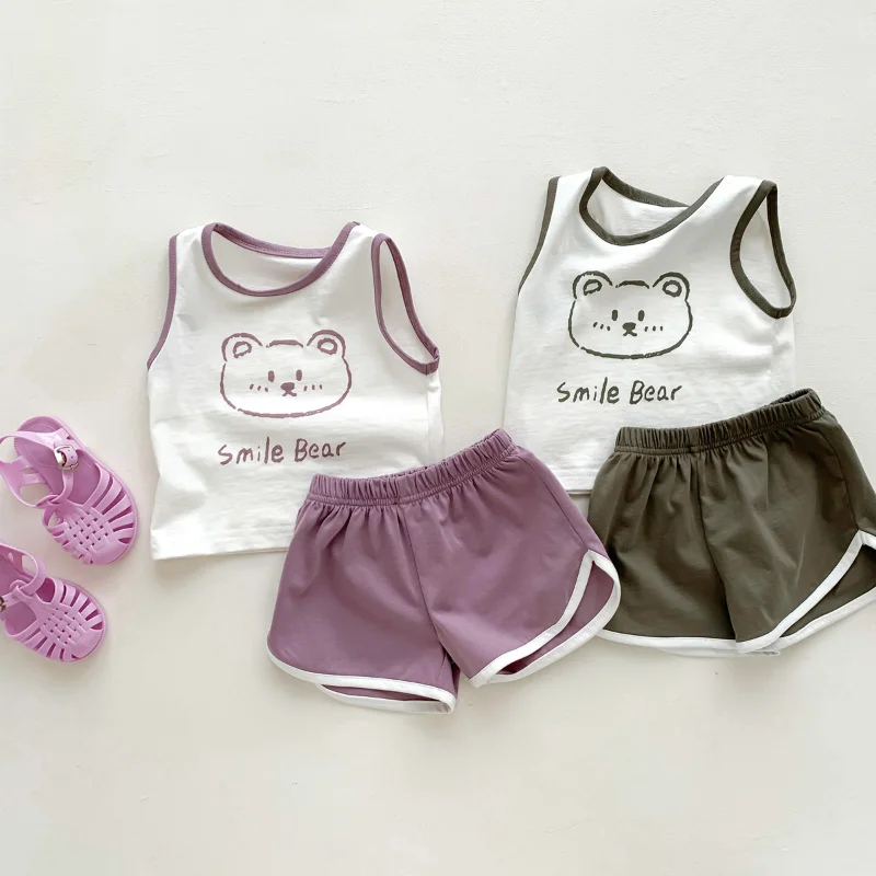 

2023 Summer Baby Clothing Set Cute Bear Print Boys Clothes Suit Vest Tee And Shorts Girls Outfit