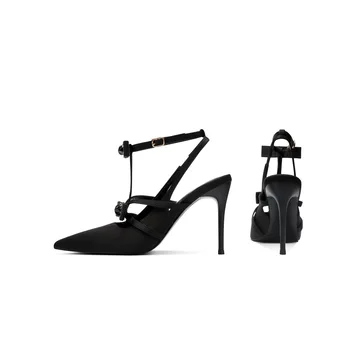 Black sexy satin stunning high heels for women in spring 2025new pointed shallow mouth butterfly bow thin heel sandals for women