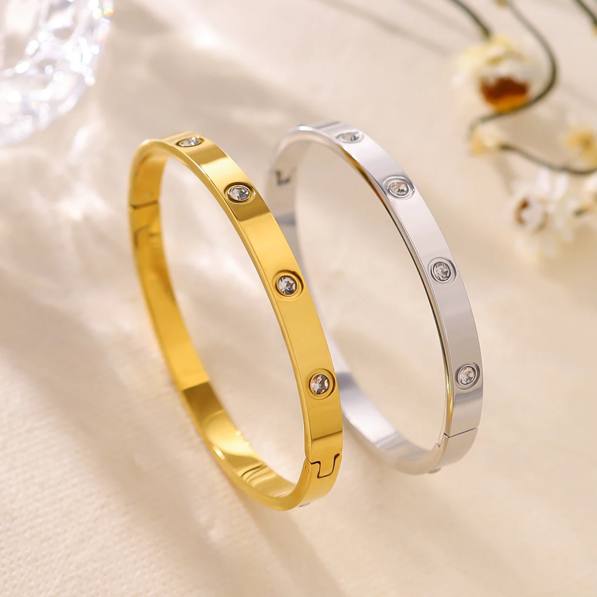 WILD & FREE Luxury Crystal Stainless Steel Bracelets for Women 18K Gold Plated Fashion Charm Bangles Waterproof Jewelry