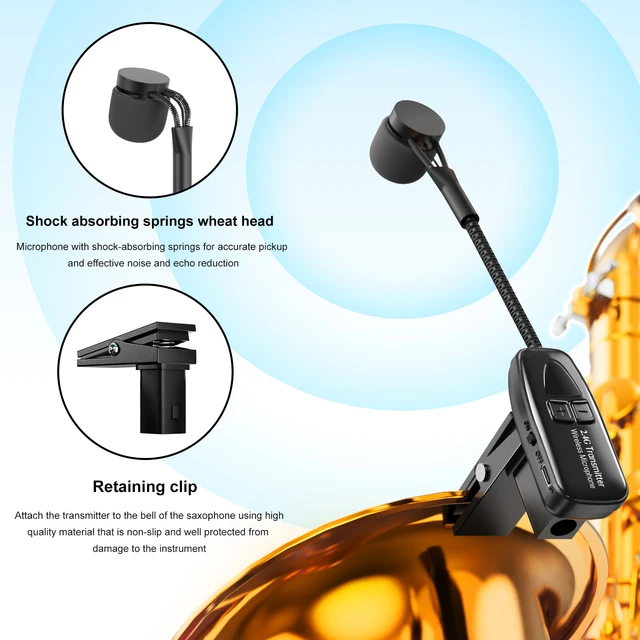 Saxophone Wireless Microphone,Recording of Wind Instruments,164FT Receiving Range, 2.4G, Hi-Fi Sound Quality,Plug and Play