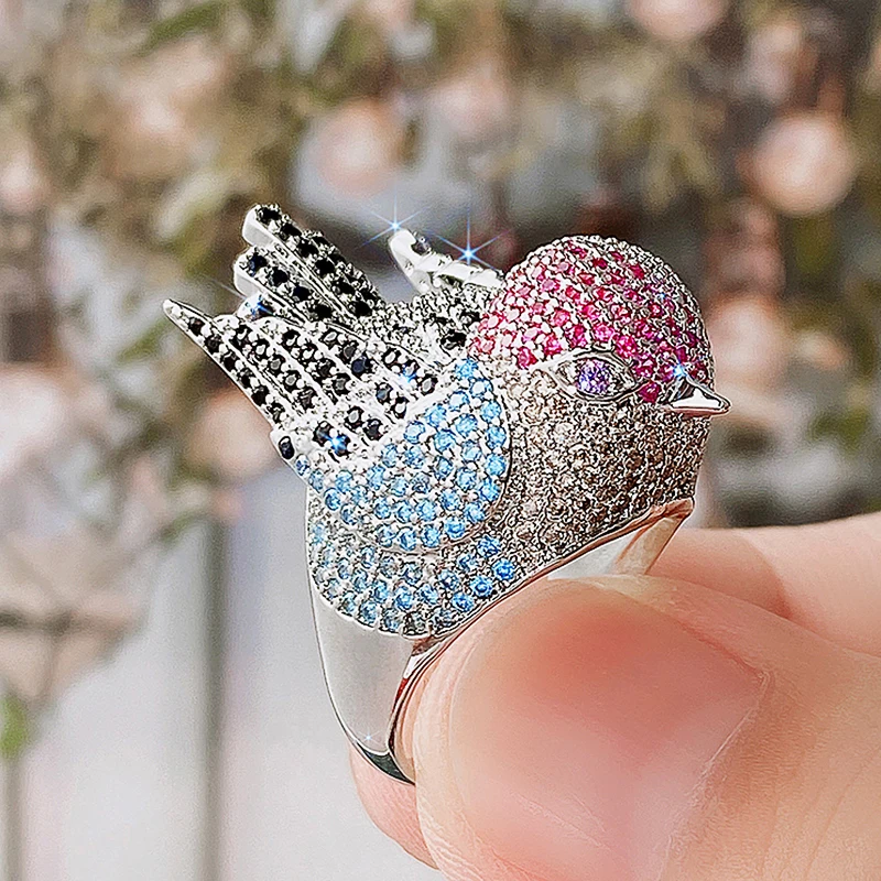 Huitan Fancy Tier-Vogel-Ring voller Bling Iced Out CZ bunte fliegende Vogel-Ringe für Frauen, Persönlichkeit, Accessoires, Party-Schmuck – Detail 7