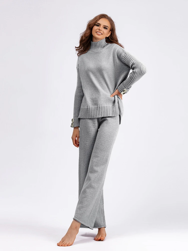 

2023 New Autumn Winter Pant Sets Women Half High Neck Knit Sweater Thicken Pullover Loose Solid Two Piece Sets Womens Outifits
