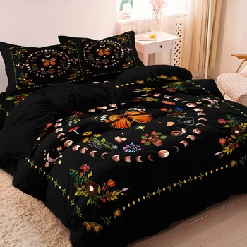 3pcs Plant And Flower Circle Digital Printing Duvet Cover,Orange Butterfly And Crescent Moon Starlight Design Bedding Set 1