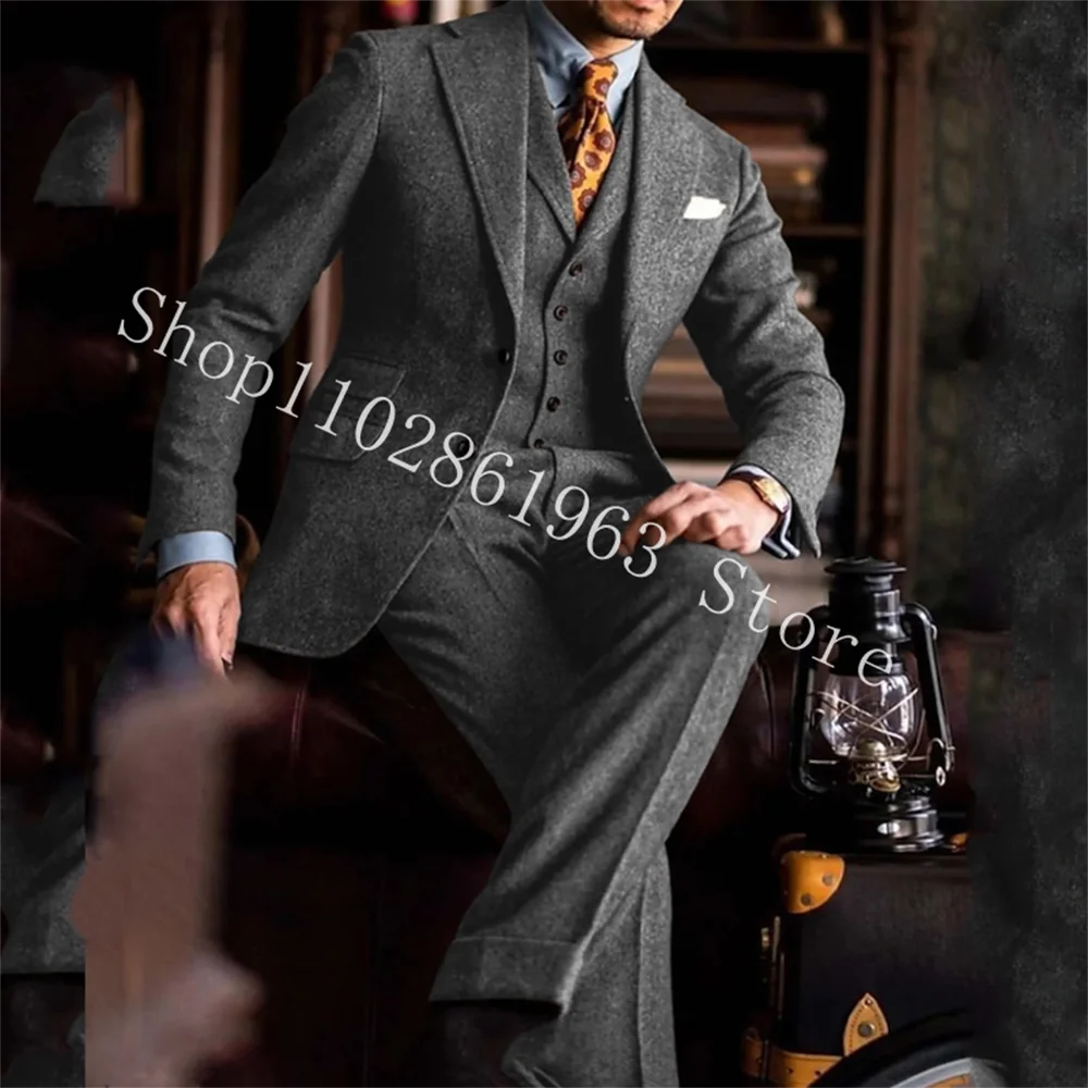 Grey Tweed Suits for Men Slim Fit Suits Formal Herringbone Groom Vintage Wedding Tuxedos Coat+Vest+Pants Trajes De Hombre