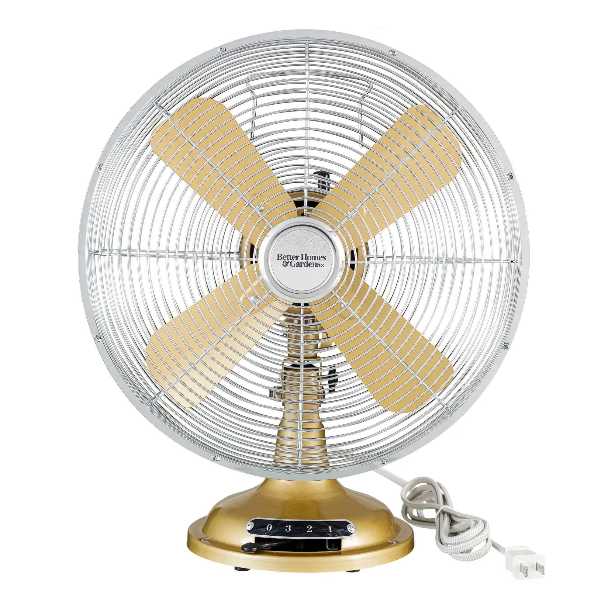 

Better Homes & Gardens New 12 inch Retro 3-Speed Metal Tilted-Head Oscillation Table Fan Gold