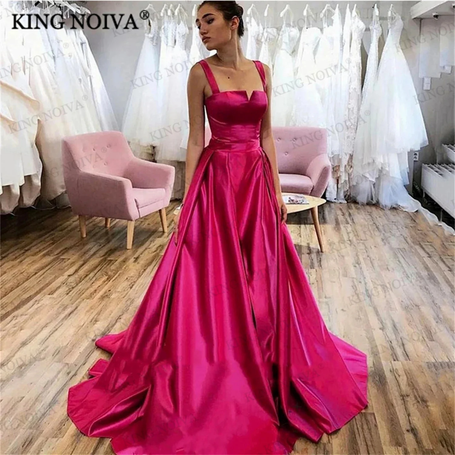 

KING Elegant Square Collar A-Line Satin Evening Dresses Sleeveless Backless Pleat Floor-Length Simple Prom Dress robe de soiréé