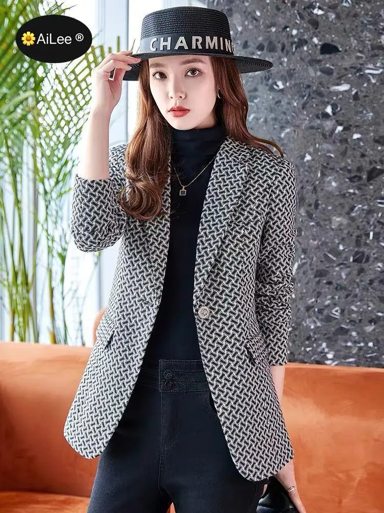 Winter Women Houndstooth Jacke Fashion Plaid Long Sleeve Blazer Lady Office Elegant Ladies Business Single Button Suit Outerwear