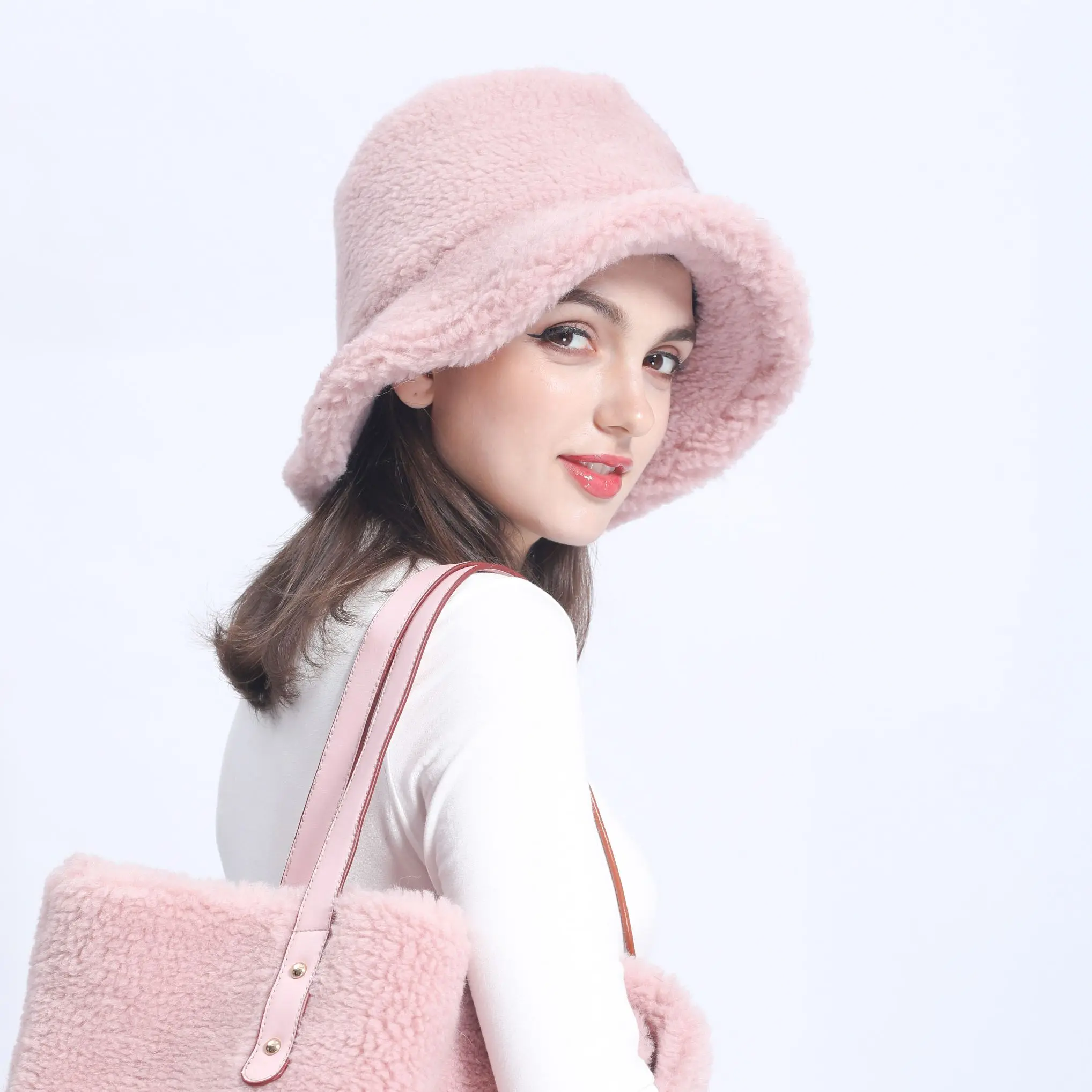 JANEFUR Lamb Fur Hat Women  New Fashion Shearling Bucket Hats Thick  Warm Winter Female Cap