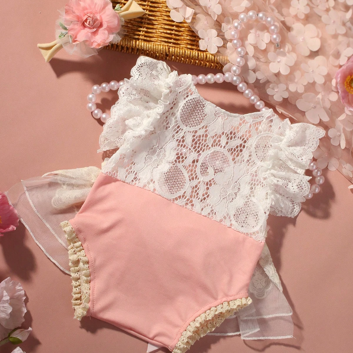 2PCS  여자  의상 레이스 백리스 롬퍼 꽃 머리띠 사진 소품 새틴 리본 꽃무늬 머리띠
