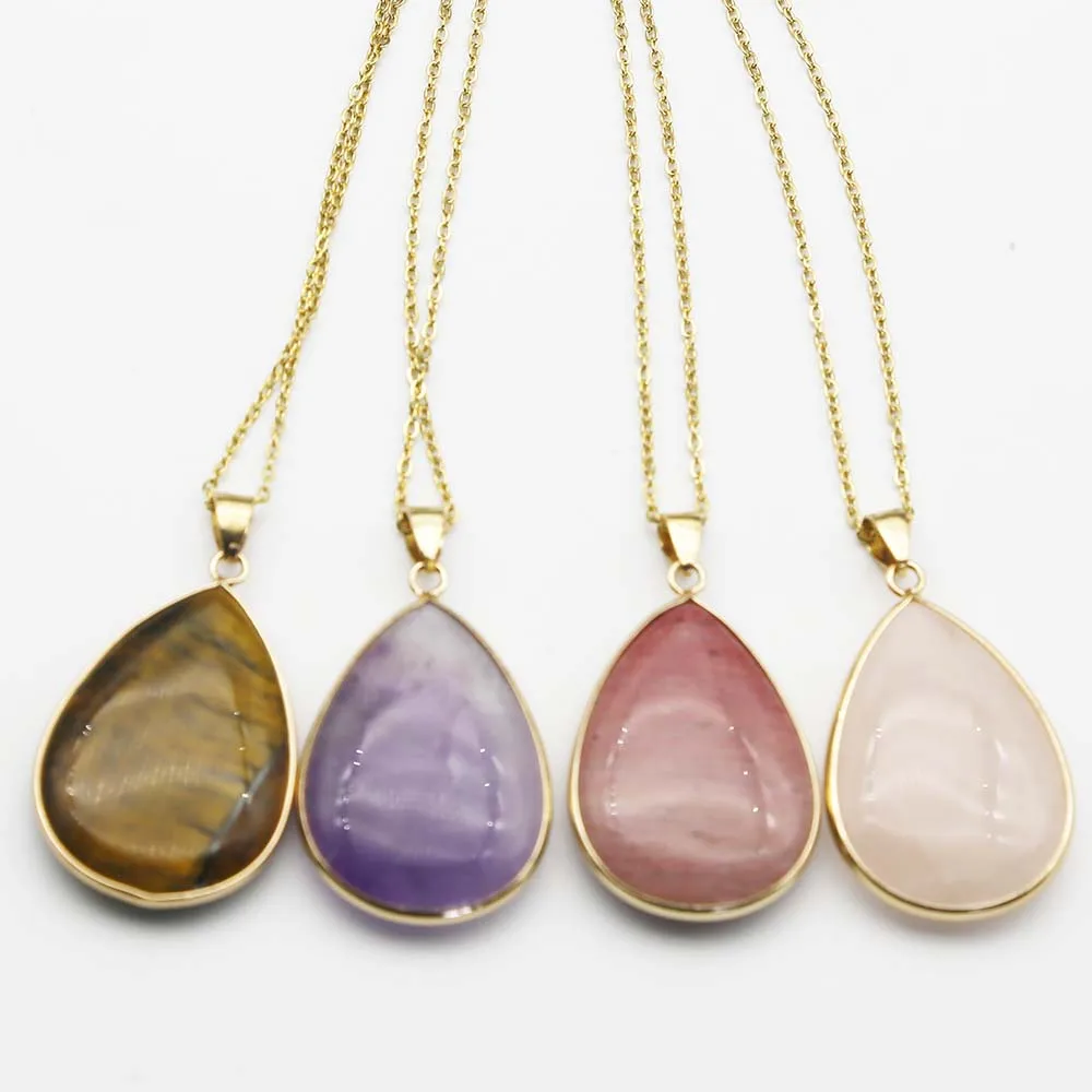 New Natural Stone Crystal Agate Water Drop Necklace Pendant Gold Edged Sweater Chain Fashion Charm Jewelry Gift Accessories 4Pcs