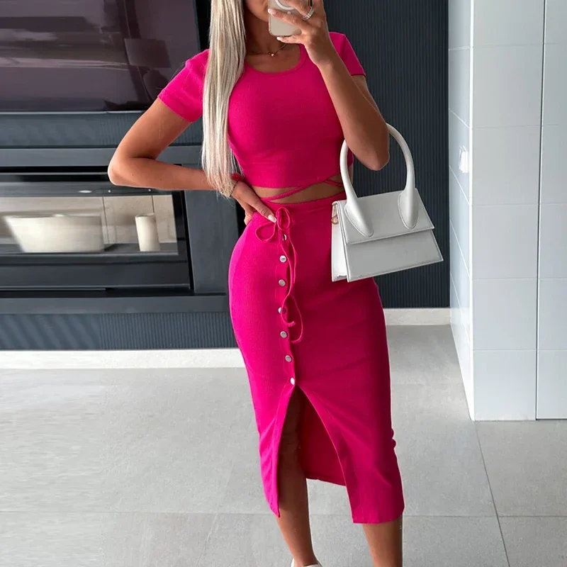 Summer Solid Color Ribbed Knitted Set Elegant O Neck Lace-up Tops+Button Split Skirt Set Female Short Sleeve Slim Office Outfits