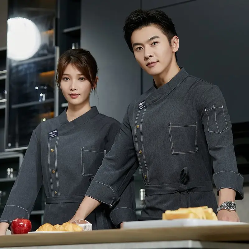 긴 소매 케이터링 셰프 유니폼, 남성 주방 셰프 재킷, 작업 호텔 여성 웨이터 레스토랑 의류, 앞치마 모자, 베이커리 쿡 코트 
