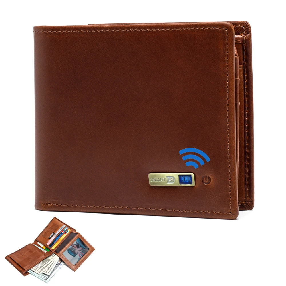 

Smart Anti-lost Wallet -compatible Leather Short Credit Card Holders Male Coin Purse Genuine Leather Men Wallets Free engraving
