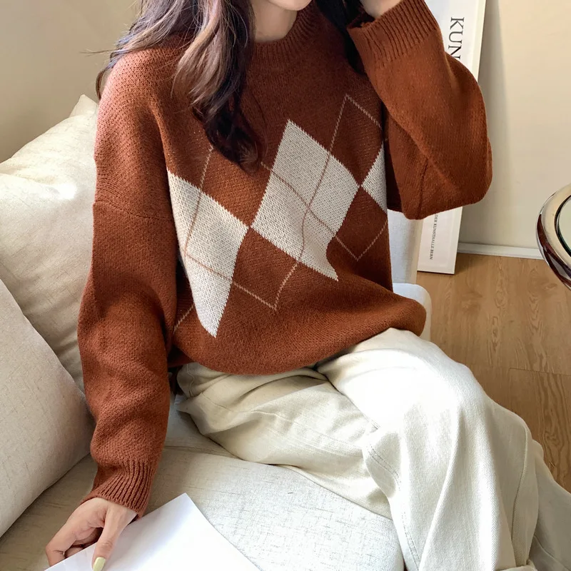 Women Autumn Plaid Knitted Sweater